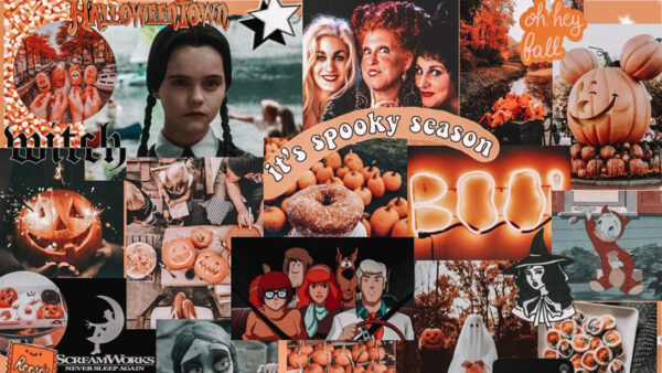 Wallpaper Spooky, Funny, Face, Collage, Halloween, Girl, Pumpkins, Season, Autumn, Fall