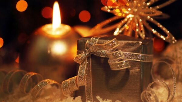 Wallpaper Box, Christmas, Golden, Candle, Ribbon, Glitter, Gift