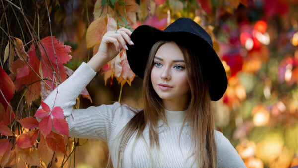 Wallpaper Girl, Black, Eyes, Hat, And, Background, Stunning, Blue, Standing, Bokeh, Girls, Wearing, Dress, Colorful, Beauty, Model, White, Blur