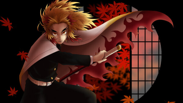 Wallpaper Window, Kyojuro, Red, And, With, Rengoku, Black, Sword, Anime, Demon, Background, Desktop, Leaves, Slayer