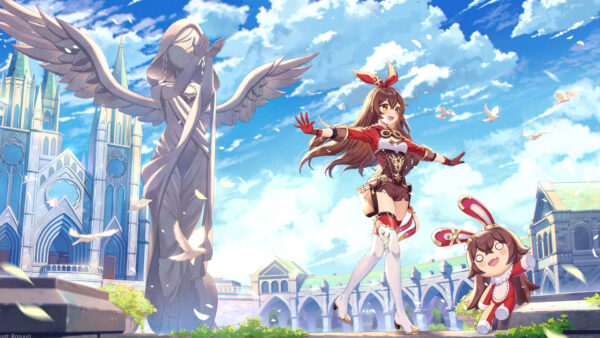 Wallpaper Amber, Games, Paimon, Genshin, Impact, And, Statue, Background