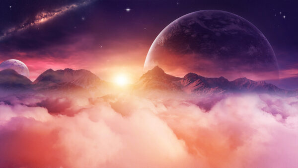 Wallpaper Galaxy, Sunbeam, Mountain, Moon, Sunset, Cloud, Planet, Sky