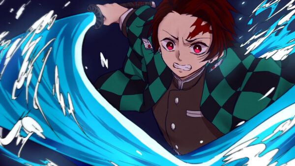 Wallpaper With, Tanjirou, Eyes, Anime, Demon, Dress, Wearing, Background, Kamado, And, Slayer, Checked, Black, Having, Green, Weapon, Desktop, Red