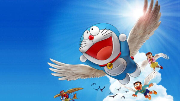 Wallpaper Minamoto, Cartoon, Doraemon, Shizuka, With, Sky, Blue, Nobita, Wings, Background