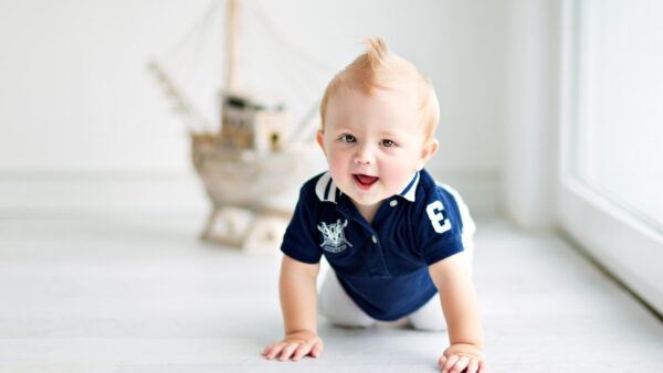 Wallpaper Cute, Baby, White, Floor, Wearing, Dress, Blue, Boy, Crawling