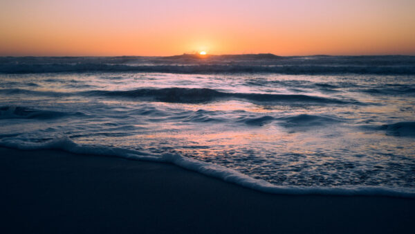 Wallpaper Yellow, Beach, Pink, Nature, Sunset, Waves, Ocean, Sky