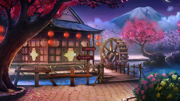 Wallpaper Snow, Anime, Background, Blossom, Cherry, Flowers, Wood, Mountain, Pink, House