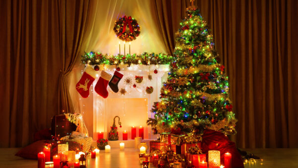 Wallpaper Socks, Christmas, Santa, Boxes, Tree, Colorful, Claus, Gift, Decorated, Mobile, Desktop, Lights