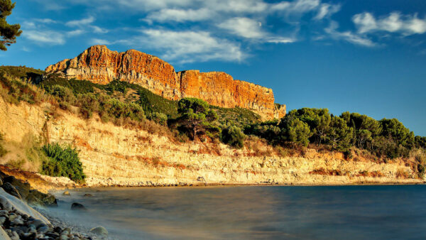 Wallpaper Nature, Green, Sea, White, Clouds, Rocks, Sky, Coast, Trees, Bue, Under