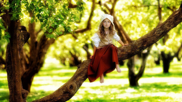 Wallpaper Girl, Dress, Background, Tree, White, Cute, Red, Branch, Desktop, Sitting, Wearing, Blur, Little, Forest