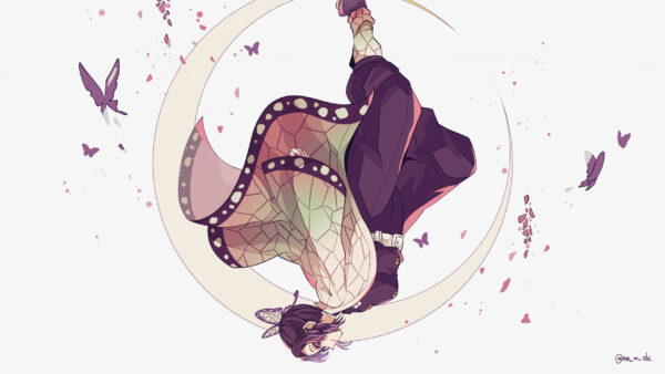 Wallpaper Flying, With, And, Butterflies, Moon, Demon, Like, Shinobu, Anime, Kochou, Circle, Desktop, White, Background, Slayer, Upside, Down