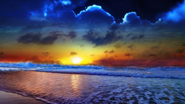 Wallpaper Sunset, Desktop, Cloudy, Under, Sky, Seashore, Dark, During, Evening