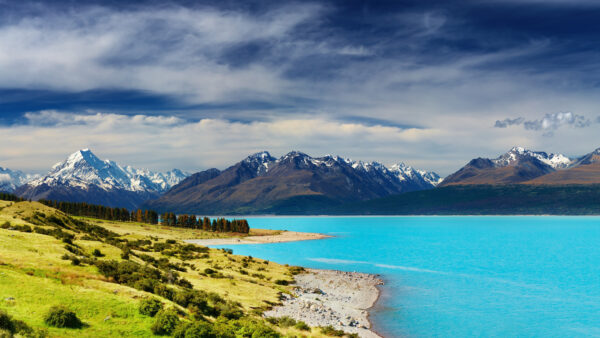 Wallpaper Landscape, Sky, Snow, Clouds, Blue, Grass, Green, Covered, River, Trees, Mountains, View, White, Mobile, Nature, Desktop