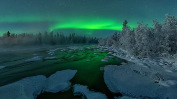 Wallpaper Covered, Snow, Russia, Nighttime, Borealis, During, Aurora, River, Winter