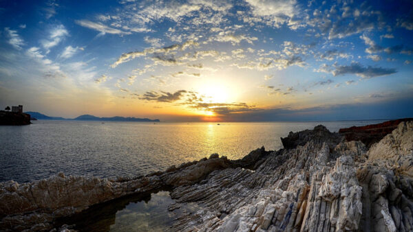 Wallpaper Clouds, Stones, Mobile, Yellow, Coast, Nature, Sky, Rocks, Sea, Black, Desktop