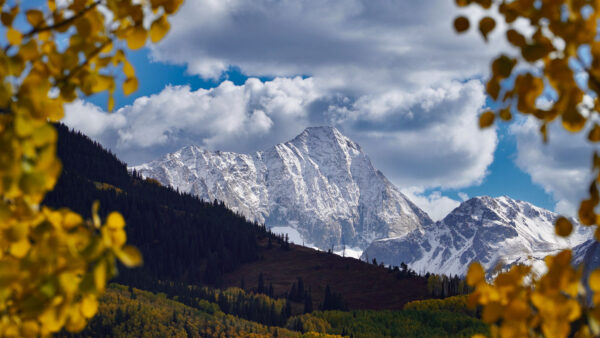 Wallpaper Clouds, Trees, Under, Blue, Snow, Sky, White, View, Landscape, Desktop, Green, Mountain, Covered, Mobile, Slope, Mountains