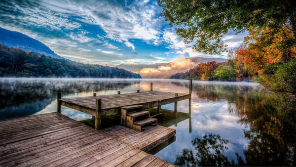 Wallpaper Blue, Leaves, Sky, Autumn, Lake, Trees, Water, Dock, Background, Under, Wood, With, White, Nature, Mountain, Fog, Reflection, Colorful, Clouds