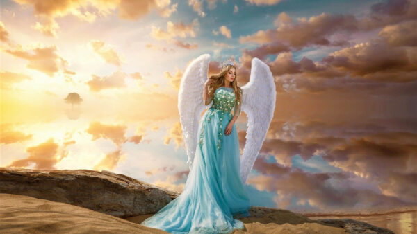 Wallpaper Yellow, Sky, Wings, Black, Standing, Angel, Dress, Blue, Girl, With, Cloudy, White, Wearing