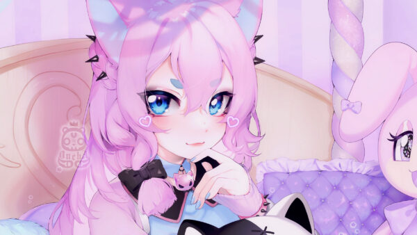 Wallpaper Neko, Pink, Ears, Hair, Eyes, Blue, Anime, Girl