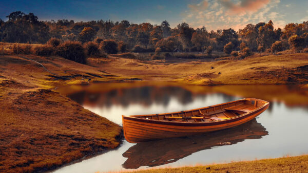 Wallpaper Water, Reflection, Boat, Surrounded, Trees, With, Nature, Body, Scenery, Forest