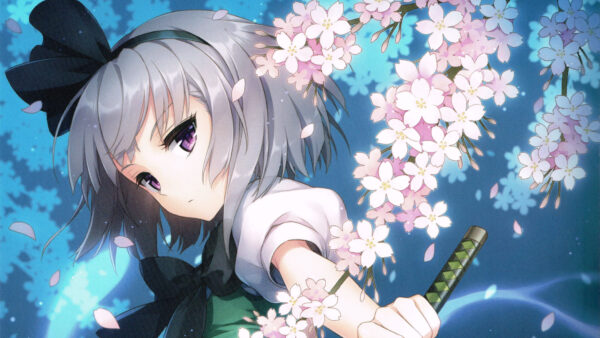 Wallpaper Hair, Ash, Purple, Girl, Blue, Flowers, Sword, Kawai, With, Background, Eyes, Kawaii