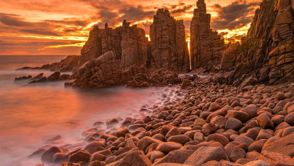 Wallpaper Yellow, Clouds, Stones, Rocks, Pebbles, Black, Water, Stream, Sky, Under, Nature