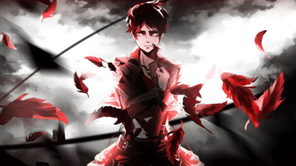 Wallpaper Titan, Ackerman, Levi, Background, Attack, Red, Feathers, Black, Sky