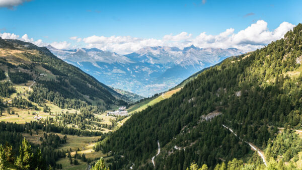 Wallpaper Desktop, Aerial, Greenery, Mobile, Valley, Trees, Sky, Slope, Mountains, View, Clouds, Nature, Road, Blue