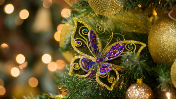 Wallpaper Butterfly, Blue, Balls, Christmas, Decoration, Tree, Glitter, Golden