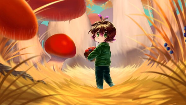 Wallpaper Anime, Green, Girl, Eyes, With, Mushrooms, Basket