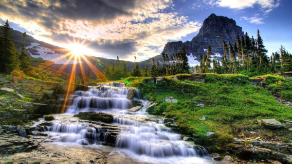 Wallpaper Desktop, Waterfall, Mountains, Stream, Sunbeam, With, And, Nature, Landscape