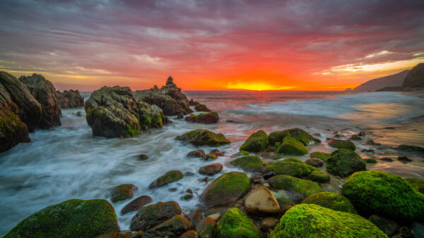 Wallpaper Nature, Yellow, Algae, Rocks, Green, Sky, Black, Cloudy, Desktop, And, Under, View, Landscape, Covered, Sunrise, Mobile