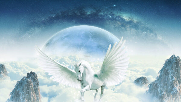 Wallpaper Desktop, Between, Background, With, Wings, White, Unicorn, Mountains, Sky