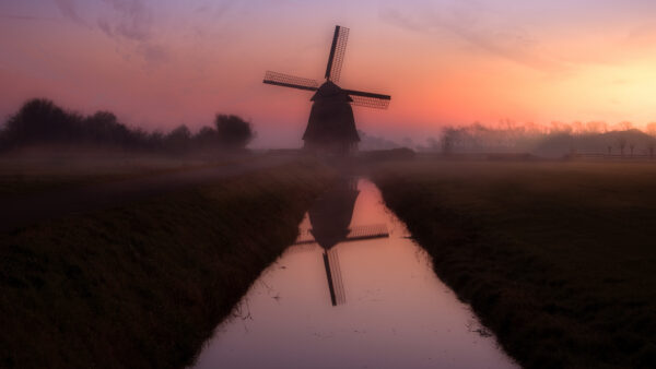 Wallpaper Reflection, Sunset, Body, During, With, Nature, Nederland, Water, Windmill
