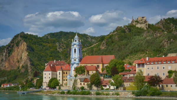 Wallpaper River, Danube, Austria, Dürnstein, House, Travel, Monastery, Ruin, Desktop, Building, Mountain
