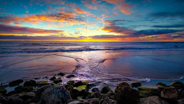 Wallpaper Waves, Black, Sky, Sunset, Yellow, Desktop, Stones, Nature, Horizon, Clouds, Mobile, Blue