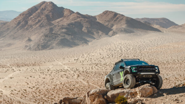 Wallpaper Standing, And, Pickup, Ford, 150, With, Raptor, Rock, Desktop, Vehicle, Mountain, Background, Desert