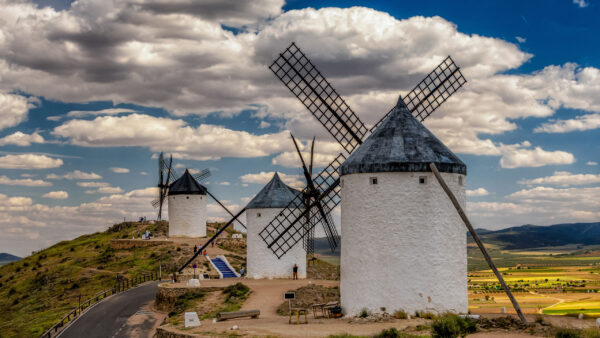 Wallpaper Are, White, Blue, Standing, Cloudy, Near, Windmill, People, Under, Sky, Desktop, Travel