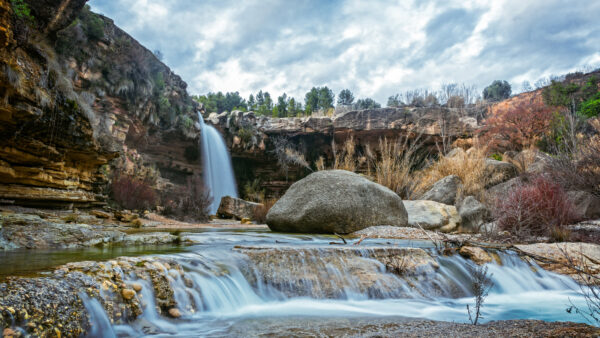 Wallpaper Waterfalls, Mobile, Stones, Desktop, Stream, Trees, Green, Blue, Clouds, Plants, Dry, Rocks, Under, White, Nature, Sky