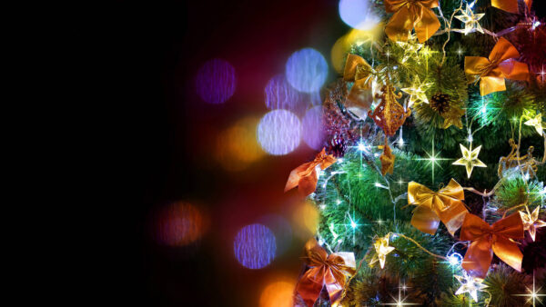 Wallpaper Stars, Christmas, With, Tree, And, Ornaments, Decorated, Desktop, Lights