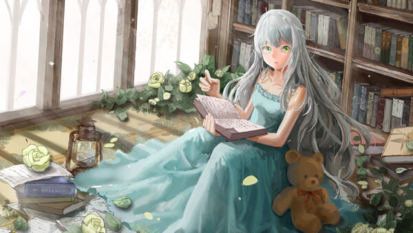 Wallpaper Green, Bear, Teddy, Dress, Book, Grey, Hair, Long, Girl, Eyes, Anime