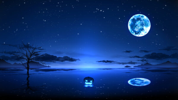 Wallpaper Lake, Sky, Mountain, Trees, Moon, Reflection, Starry, Anime, Blue