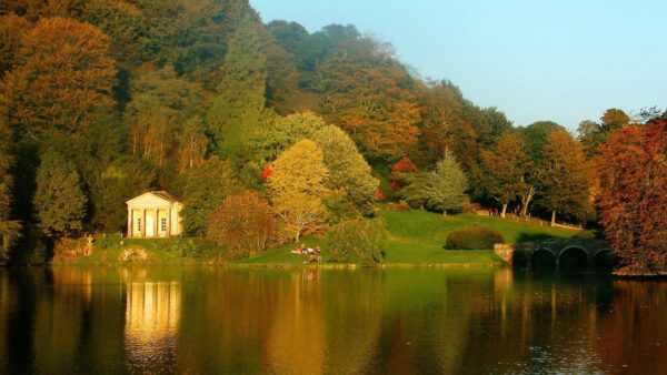 Wallpaper Green, Field, Blue, Grass, Sky, Autumn, Beautiful, Reflection, Colorful, Under, River, Trees, Scenery