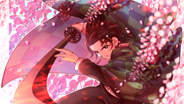 Wallpaper Tanjirou, Slayer, Long, Kamado, Sword, Demon, Pink, With, Anime, Flowers, Background, Desktop, Sharp