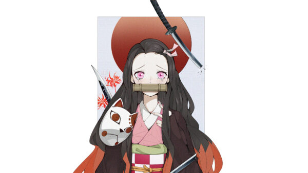 Wallpaper With, Mask, Nezuko, Circle, Desktop, Red, Demon, White, And, Kamado, Background, Sword, Having, Anime, Center, Slayer