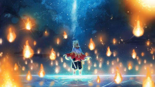 Wallpaper Demon, View, Back, Anime, Rengoku, Fire, Slayer, And, Stars, Desktop, Background, Glittering, Kyojuro, With, Night