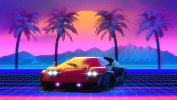 Wallpaper Lamborghini, Trees, Vaporwave, Stars, Background, Lights, Moon, And, With, Desktop, Sky, Mountain, Neon