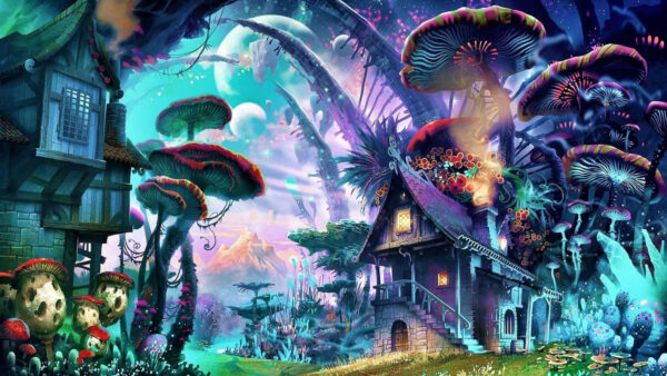 Wallpaper Mushrooms, House, Trippy, Trees, And, Art
