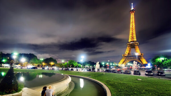 Wallpaper Dark, Background, Nighttime, Lighting, With, Sky, Eiffel, Shallow, Clouds, Desktop, Yellow, Travel, During, And, Paris, Tower