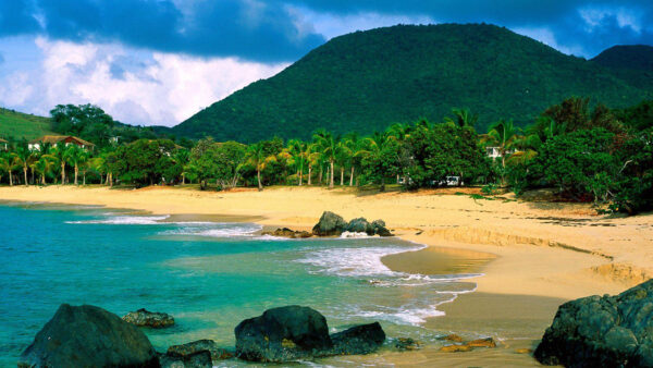 Wallpaper Seashore, Desktop, Sky, Sand, And, Background, Cloudy, With, Nature, Stones, Mountain